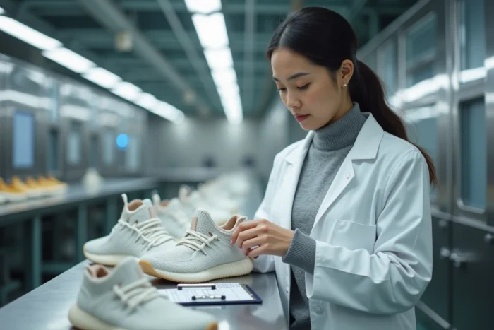 Contrôleuse qualité inspectant minutieusement une chaussure de sport Skechers dans un environnement de production industrielle moderne