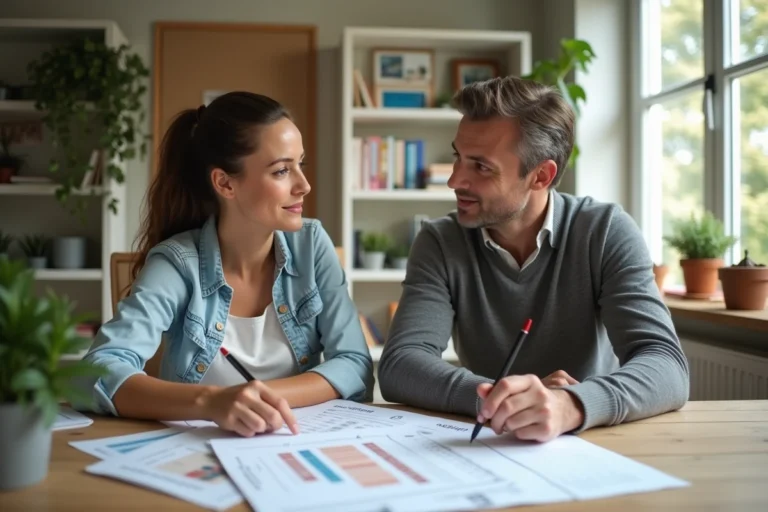 Couple planifiant le budget de leur mariage avec des documents et devis étalés sur une table en bois