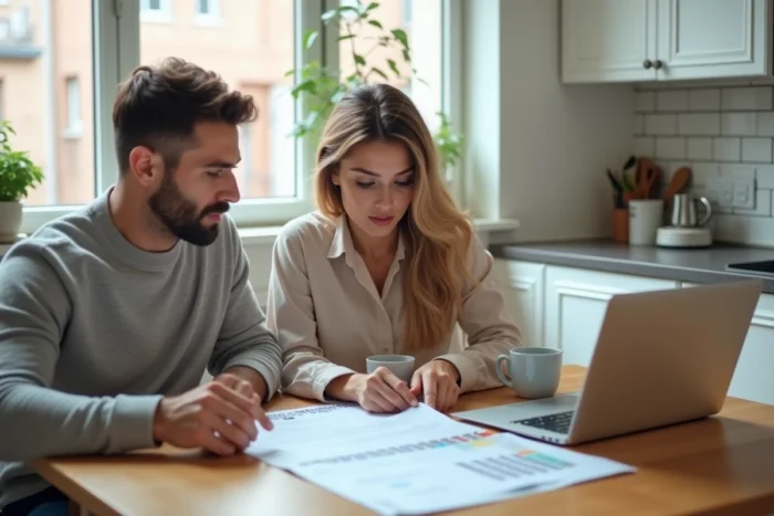 Couple examinant les documents d'un prêt immobilier avant le rendez-vous chez le notaire