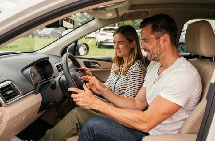 Couple testant l'interface numérique d'un crossover lors d'un essai automobile en 2024