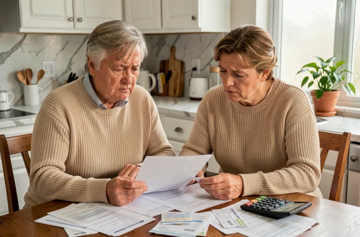 Couple examinant des formulaires fiscaux à la cuisine pour calculer leur crédit d'impôt