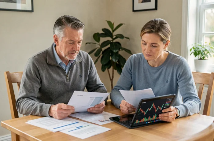 Couple d'investisseurs débutants planifiant leur portefeuille boursier ensemble à la maison avec documents et tablette