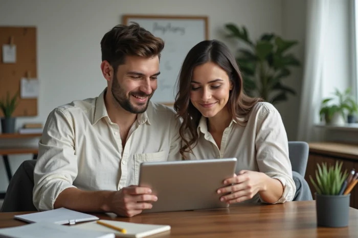 Couple de parents consultant ensemble des ressources éducatives en ligne sur une tablette dans un bureau à domicile