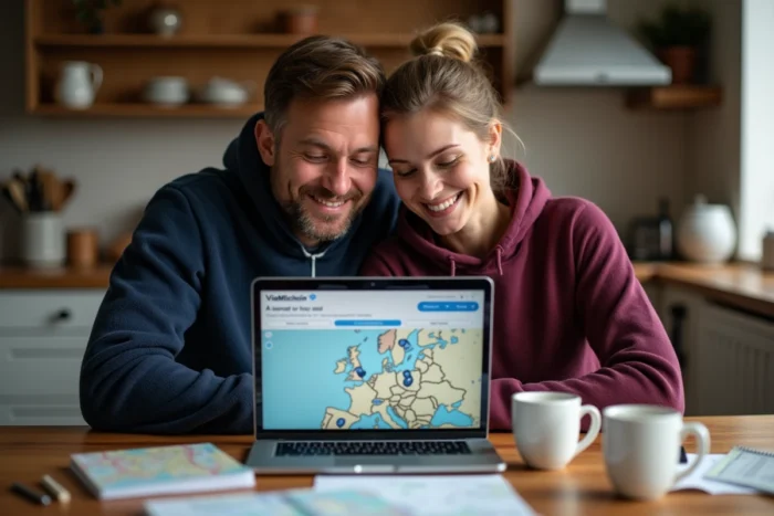 Couple préparant leur itinéraire Michelin sur ordinateur portable autour d'une table de cuisine avant un voyage