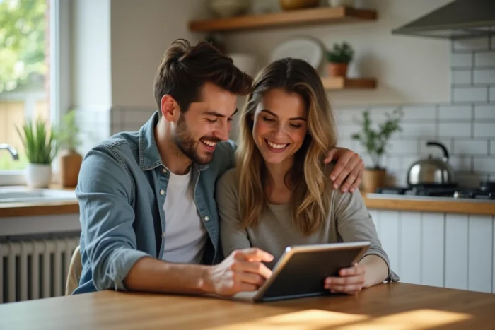 Couple recherchant ensemble une location immobilière sur une tablette dans leur cuisine