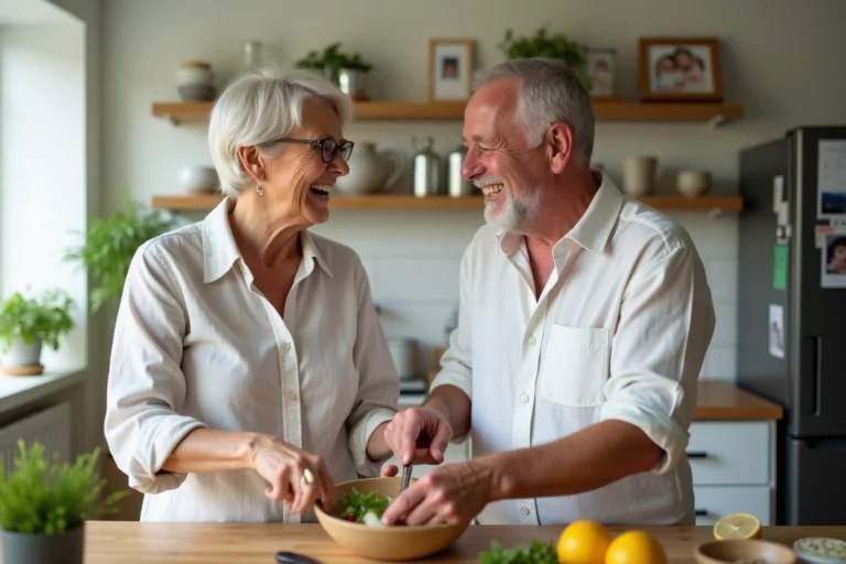 Couple de seniors heureux cuisinant ensemble dans une cuisine moderne, illustrant une vie de famille épanouie après 60 ans