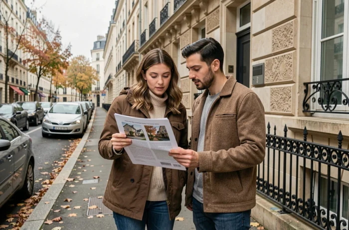 Couple consultant une annonce de location devant un immeuble résidentiel dans une rue urbaine française