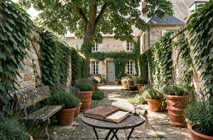 Cour intérieure pittoresque de la Maison Papyrus à Montrevel avec parchemins et végétation méditerranéenne