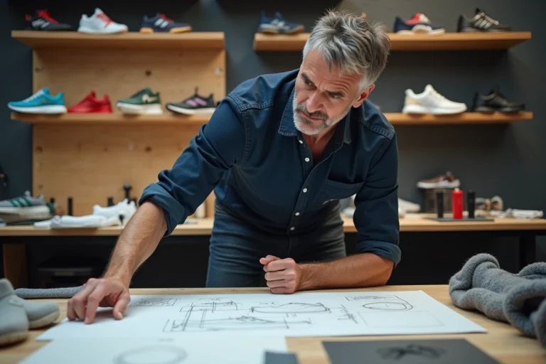 Designer de chaussures Skechers travaillant sur des esquisses techniques et des prototypes de semelles dans un atelier de conception moderne