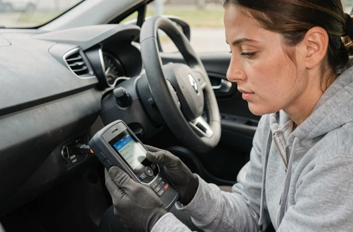 Femme utilisant un scanner OBD2 pour diagnostiquer l'injection d'une Renault Clio 5