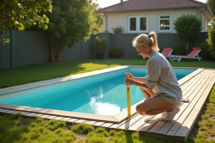Petite piscine hors-sol rectangulaire dans un jardin de maison individuelle avec une femme mesurant ses dimensions pour vérifier les seuils d'imposition fiscale