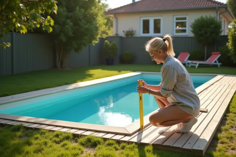 Petite piscine hors-sol rectangulaire dans un jardin de maison individuelle avec une femme mesurant ses dimensions pour vérifier les seuils d'imposition fiscale