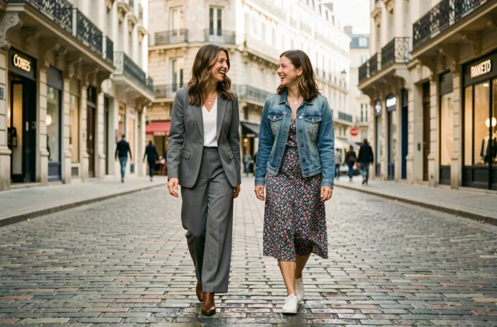 Deux femmes aux styles distincts marchant et riant dans une rue pavée européenne, illustrant les tendances de la mode au quotidien