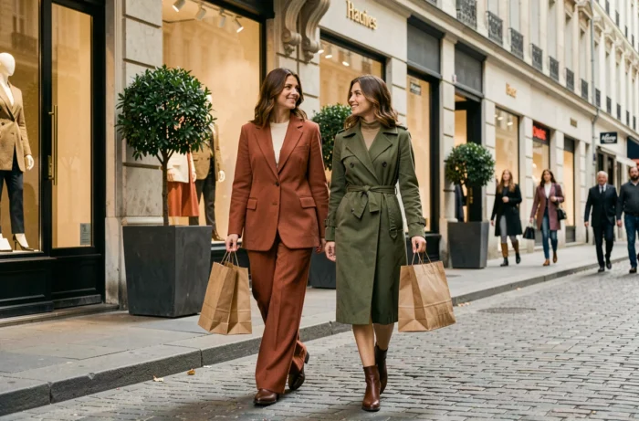 Deux femmes tendance marchant dans une rue commerçante chic avec des sacs shopping, habillées aux dernières tendances mode automne