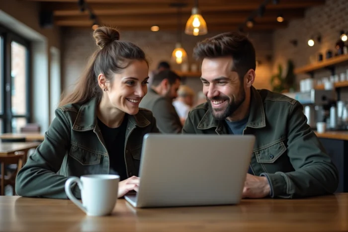 Deux personnes recherchant ensemble l'URL d'un site de streaming sur un ordinateur dans un café