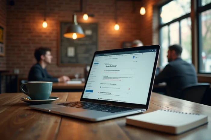 Écran d'ordinateur portable affichant un logiciel anti-spam gratuit posé sur une table de café avec carnet de notes