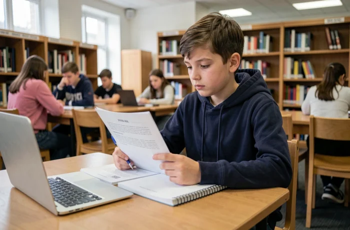 Élève de sixième consultant des sujets de rédaction corrigés en PDF à la bibliothèque scolaire