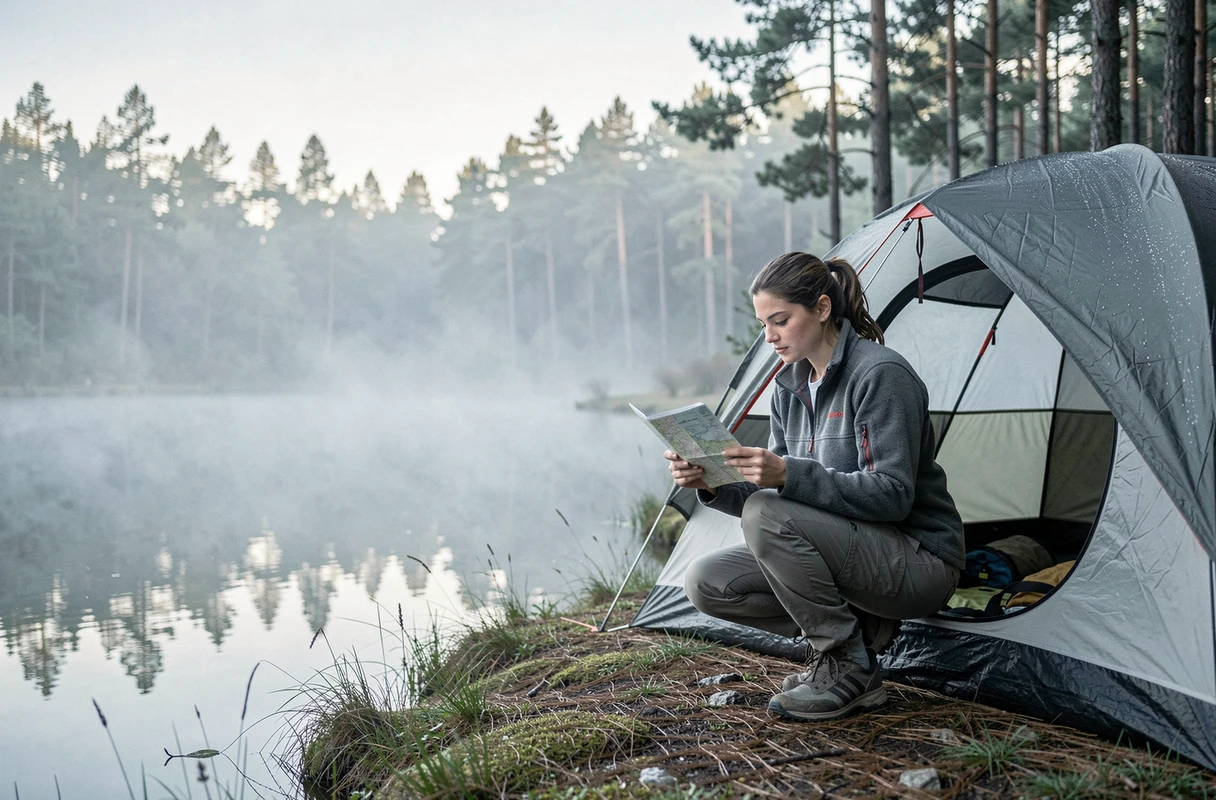 Tente de randonnée ultra-légère au bord d'un lac dans la forêt des Landes au petit matin