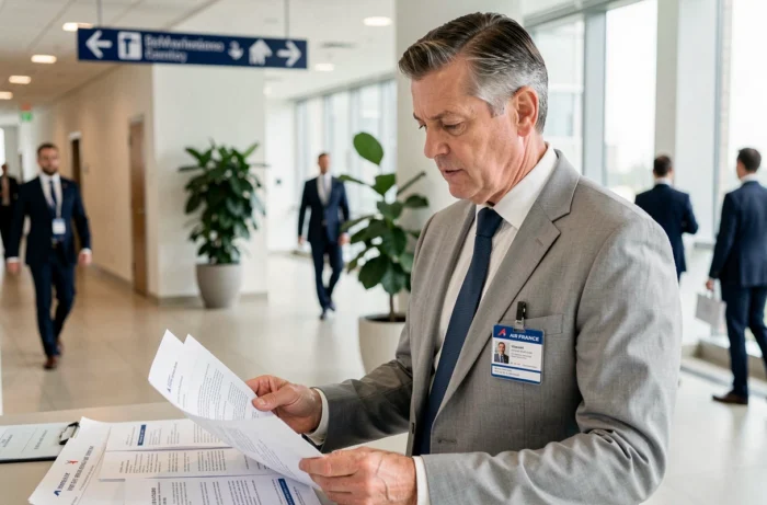 Employé Air France consultant des documents syndicaux IPN dans le couloir du siège social