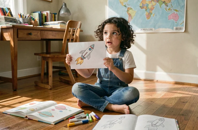 Jeune fille inspirée dessinant des fusées et planètes sur le sol de sa chambre, entourée de livres et de marqueurs colorés