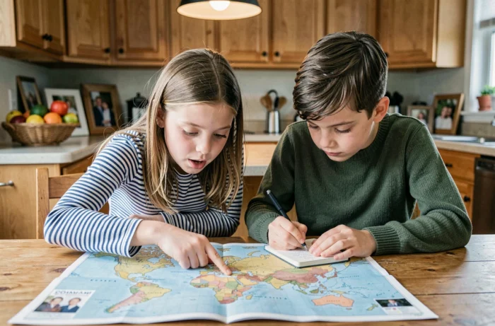 Deux enfants penchés sur un atlas mondial à la table de la cuisine, explorant ensemble des pays lointains et imaginant leur futur