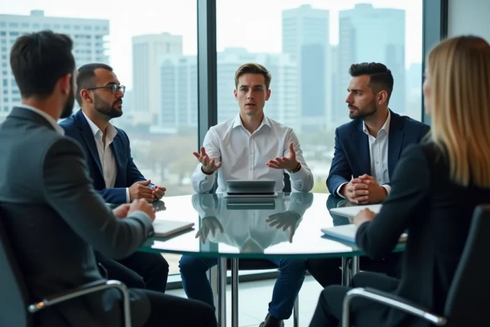 Entretien d'embauche en groupe dans une salle de réunion moderne avec vue urbaine, équipe RH et candidat en discussion