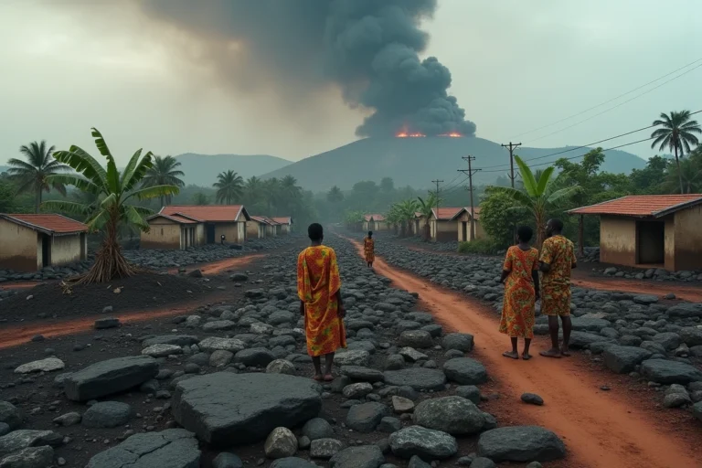Vue panoramique des coulées de lave solidifiées et des bâtiments détruits après l'éruption volcanique près de Goma, avec des habitants observant les décombres