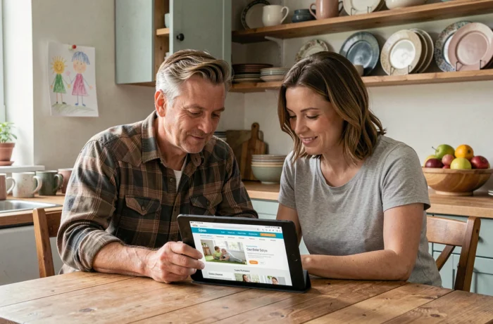 Parents consultant des ressources familiales ensemble sur une tablette dans leur cuisine