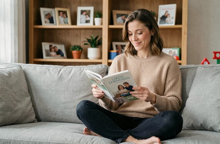 Mère épanouie lisant un guide parental sur son canapé dans un salon familial chaleureux