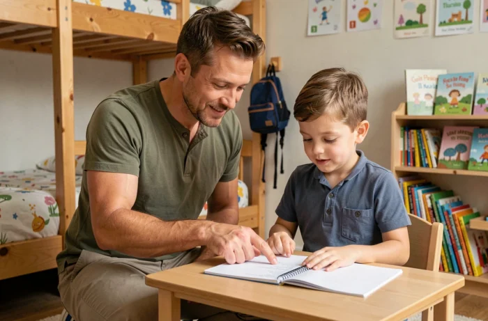 Père aidant son enfant à faire ses devoirs dans une chambre d'enfant organisée et colorée
