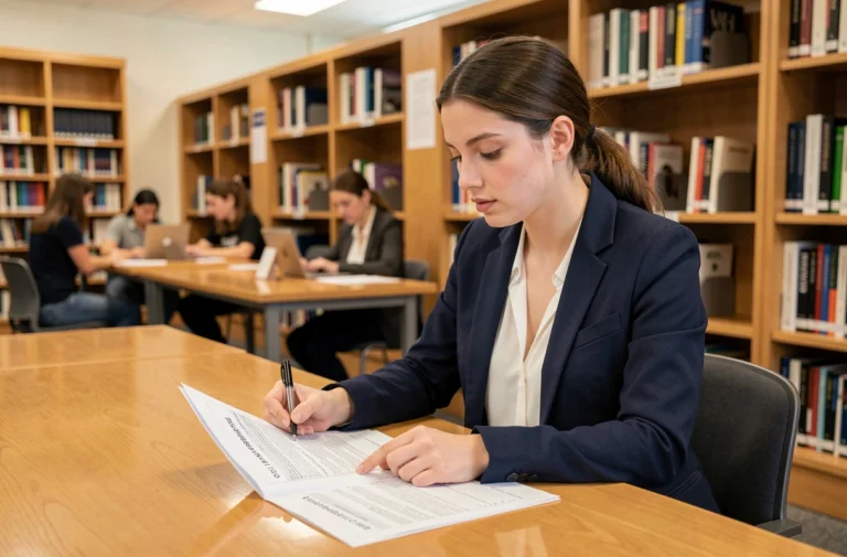 Étudiante en licence éco-gestion consultant un classement de formations universitaires dans une bibliothèque moderne