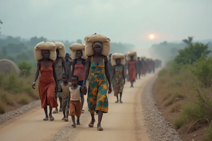 Des familles déplacées de Goma fuient en colonne sur une route poussiéreuse recouverte de cendres volcaniques lors de l'évacuation d'urgence