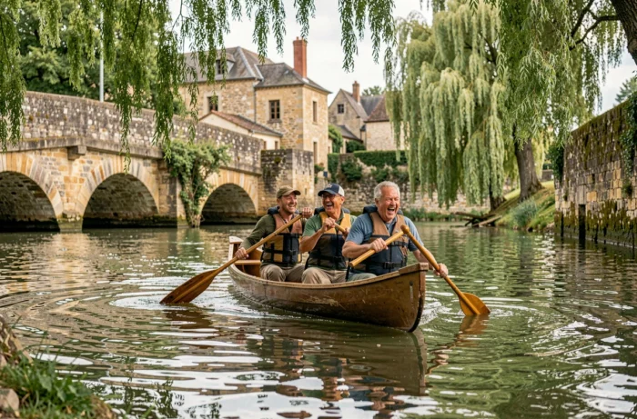 Groupe d'adultes faisant du canoë sur une rivière pittoresque en Dordogne lors d'une excursion en plein air