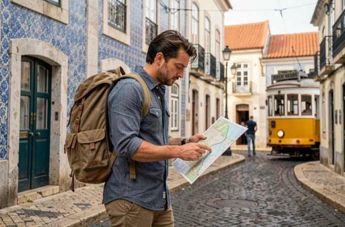 Jeune homme consultant une carte dans une ruelle historique de Lisbonne lors d'une excursion culturelle à l'étranger