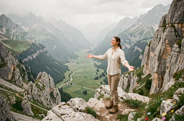Femme en randonnée contemplant une vallée alpine depuis un promontoire rocheux lors d'une excursion en montagne