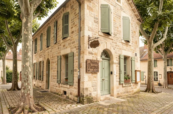 Façade historique en pierre de la Maison Papyrus à Montrevel, avec volets en bois vert et enseigne artisanale