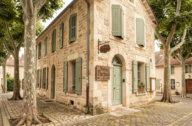 Façade historique en pierre de la Maison Papyrus à Montrevel, avec volets en bois vert et enseigne artisanale