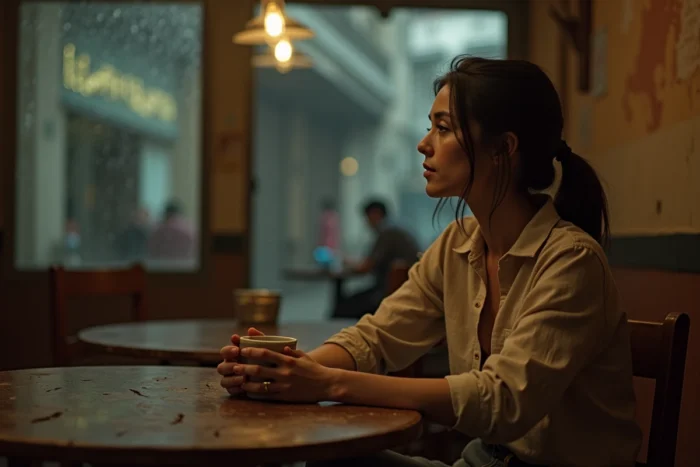 Femme seule dans un café sud-américain, regard pensif et atmosphère de mystère évoquant une vie cachée loin des projecteurs
