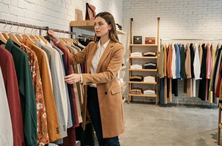 Jeune femme élégante en manteau camel explorant un portant de vêtements dans une boutique de mode parisienne moderne