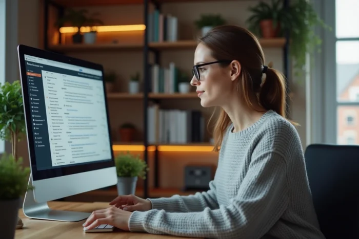 Femme consultant sa boîte mail sur ordinateur avec filtre anti-spam activé dans un bureau à domicile