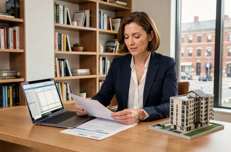 Femme cadre analysant des documents fiscaux pour ses investissements immobiliers dans un bureau moderne en 2024