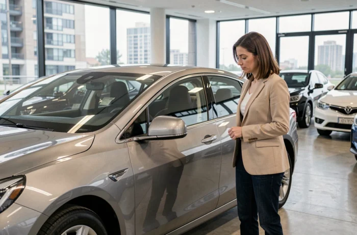 Femme examinant une berline électrique dans une concession automobile moderne en 2024