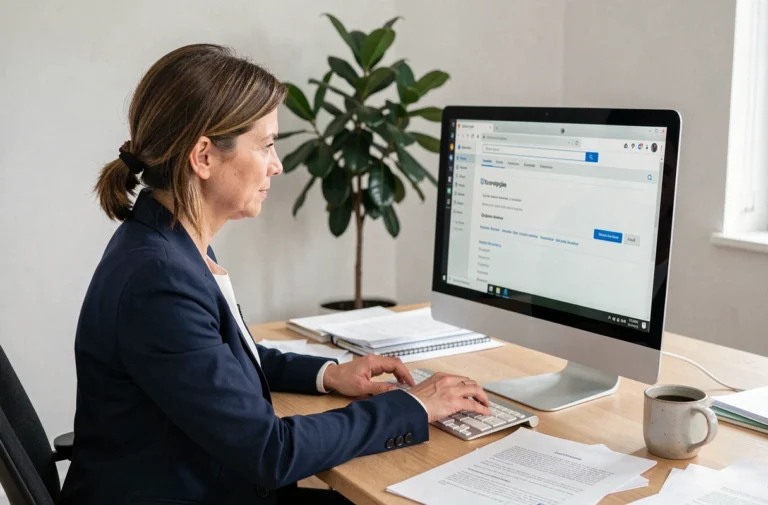 Femme professionnelle configurant les paramètres de son webmail Toulouse sur un ordinateur de bureau dans un bureau moderne