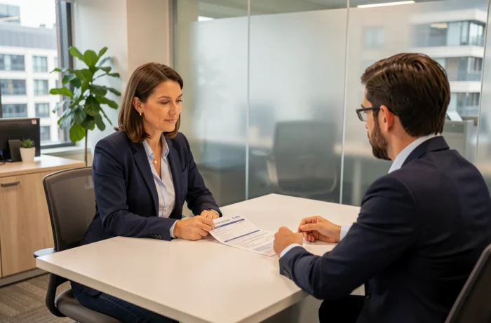 Femme discutant de son contrat d'assurance auto avec un conseiller dans un bureau moderne