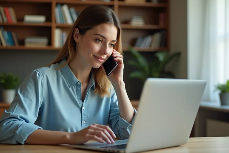 Femme contactant une station de radio française par téléphone depuis son bureau à domicile