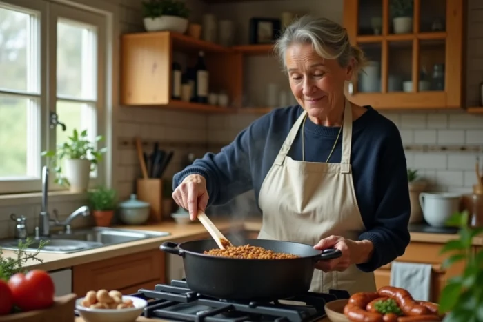 Femme cuisinant une recette de lentilles aux saucisses dans une cocotte en fonte sur une cuisinière à gaz
