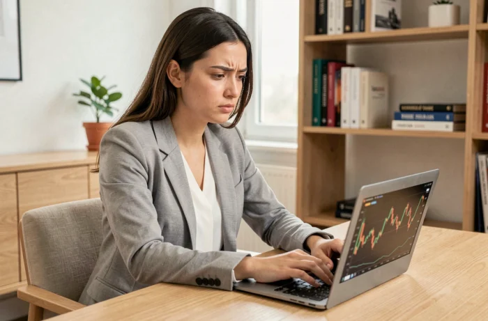 Jeune femme débutante en bourse analysant des graphiques financiers sur son ordinateur portable dans un bureau à domicile