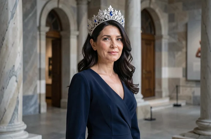 Femme élégante portant un diadème en argent avec pierres bleues dans un couloir de musée classique aux colonnes en marbre