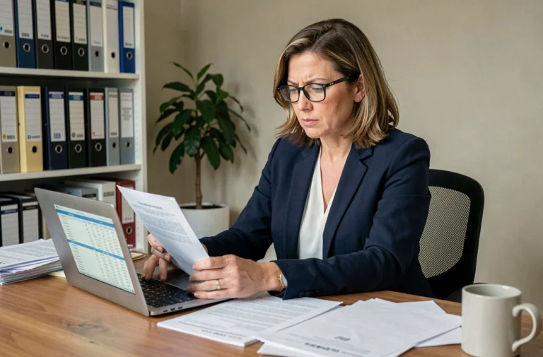 Femme consultant des documents fiscaux sur un bureau en bois pour comprendre le plafond du crédit d'impôt