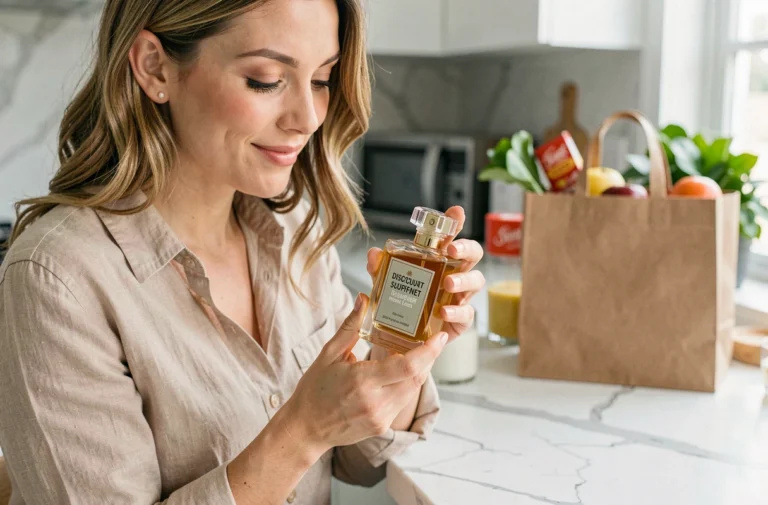 Femme tenant un flacon de parfum dupe Lidl dans une cuisine moderne, comparaison parfum luxe petit prix